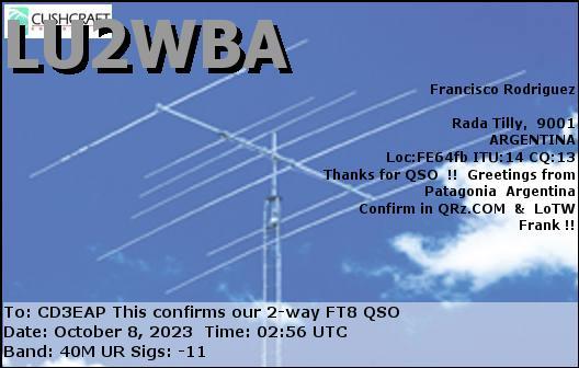 Imagen de tarjeta QSL de LU2WBA