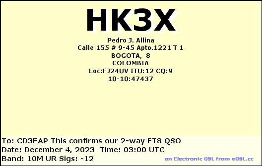 Imagen de tarjeta QSL de HK3X