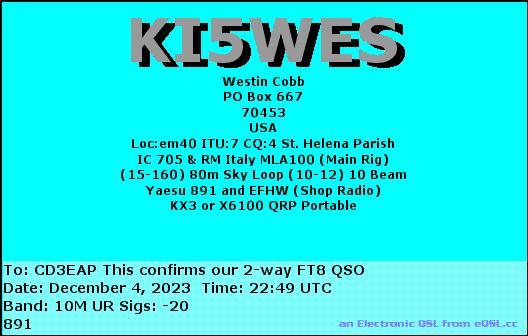 Imagen de tarjeta QSL de KI5WES